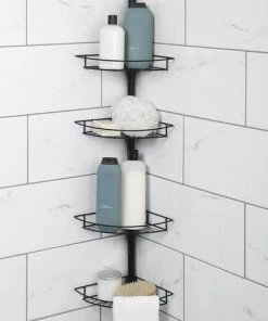 Zenna Home® Matte Black Corner Shower Tension Pole Caddy -Zenna Home || Shutters By Design || Mustee Sales 6754171 SC 2156BK V2